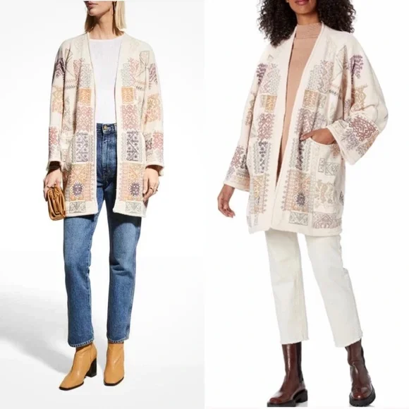 Johnny Was Biya Fenella Embroidered Open Front Cardigan Sweater in Alabaster - Picture 2 of 15